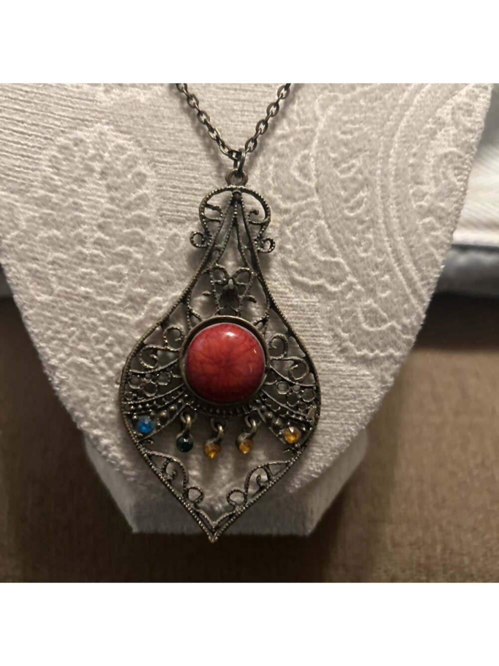 Vintage Statement 18” Chandelier Necklace Red-brown Cabochons Gold-tone Filigree